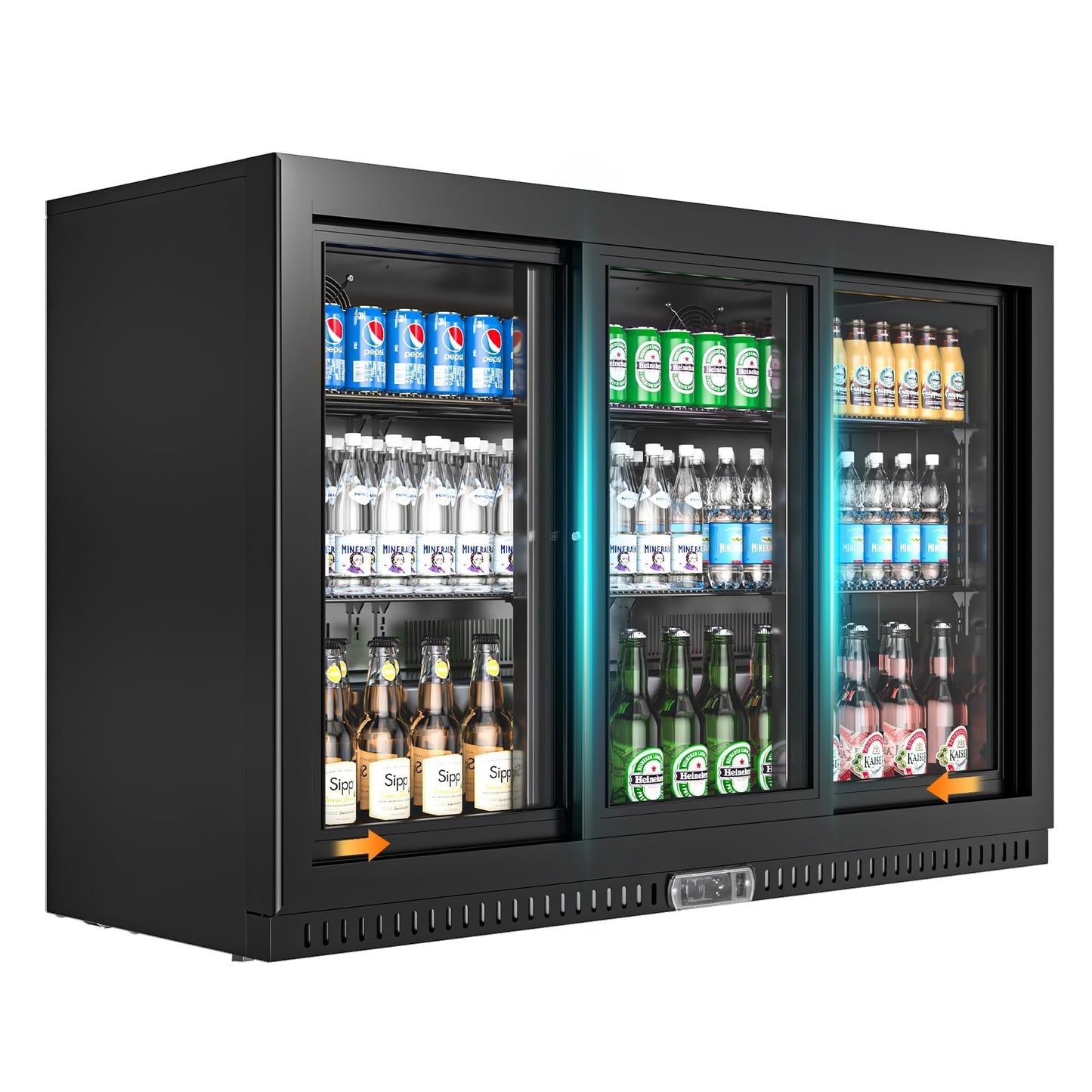 Rockitch Back Bar Cooler with 3 Sliding Doors, 10.6 Cu.ft Commercial Bar Cooler with LED Light, Under Counter Height Beverage Refrigerator, Commercial Display Drink Fridge for Bar, Restaurant, Hotel