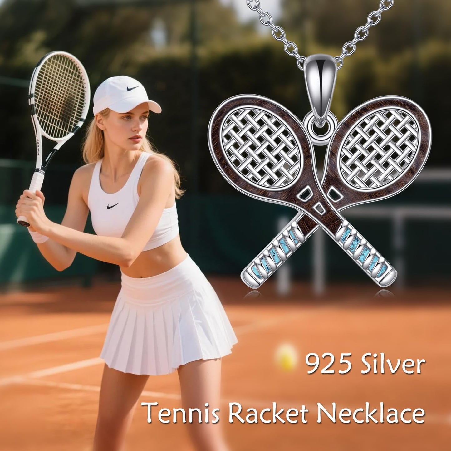 YFN Wooden Tennis Racket Necklace S925 Sterling Silver Tennis Player Jewelry Gifts for Women Sports Lovers