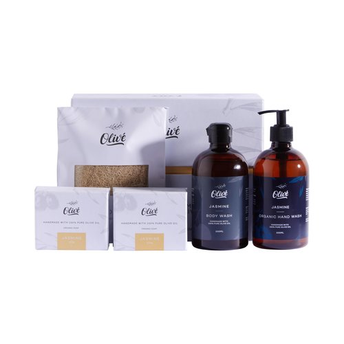 Olivé Olive Oil Gift Box 5 Piece Jasmine Scent Body Wash 500ml Hand Wash 500ml Two 125g Bar Soaps With Loofah Moisturizing Gentle Cleanse Set for Face Body Hands and Sensitive Skin