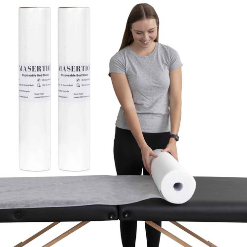 MASERTIO Disposable Massage Bed Cover - 60 Sheets Per Roll, Non-woven Material - Ideal for Spa, Tattoo, Waxing - No Crinkle Table Sheets - 31.5 x 71 Inches (2 Rolls)