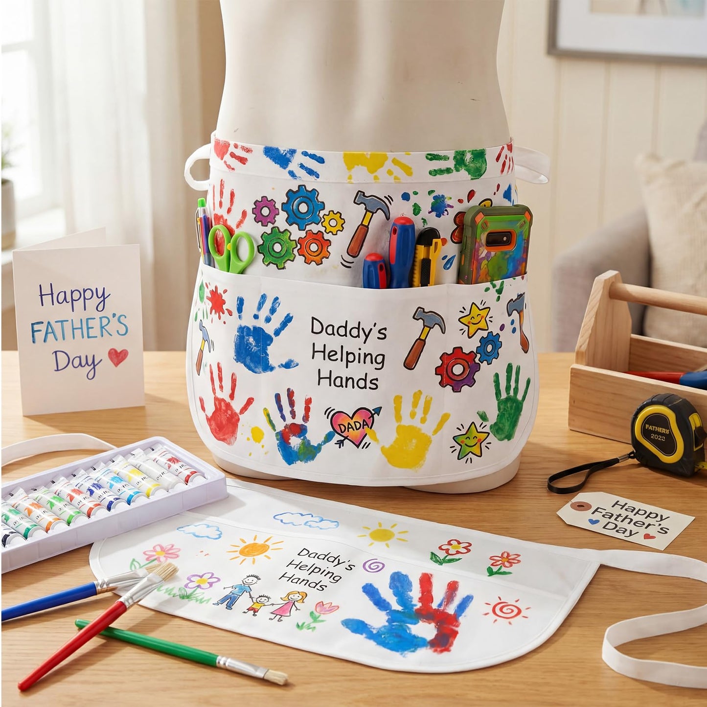 Cotwinter 10 Set Father's Day Handprint Kit DIY Waist Half Apron with Acrylic Paints and Brushes Fathers Day Personalized Handprint Gifts Family Sign Keepsake for Grandpa Daddy Papa Birthday Gifts
