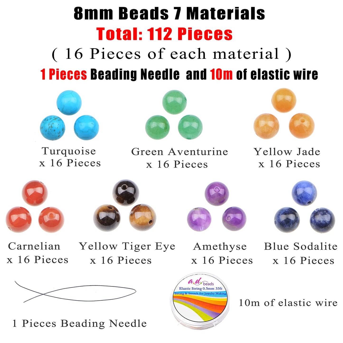 AD Beads 8mm Natural Loose Beads 112 Pieces for Making mala Necklace or Bracelet (7 Chakra Beads)