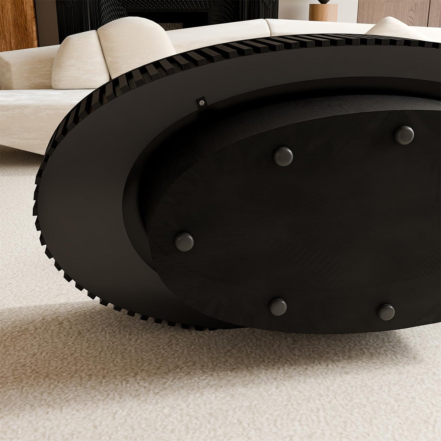 LKTART Oval Coffee Table for Living Room,Drum Solid Wood Handcrafted Relief,Olive-Shaped Sturdy Pedestal Wooden Tea Table for Apartment Small Space (Hidden Storage-Black,47.2''L×23.6''W×14.2''H)