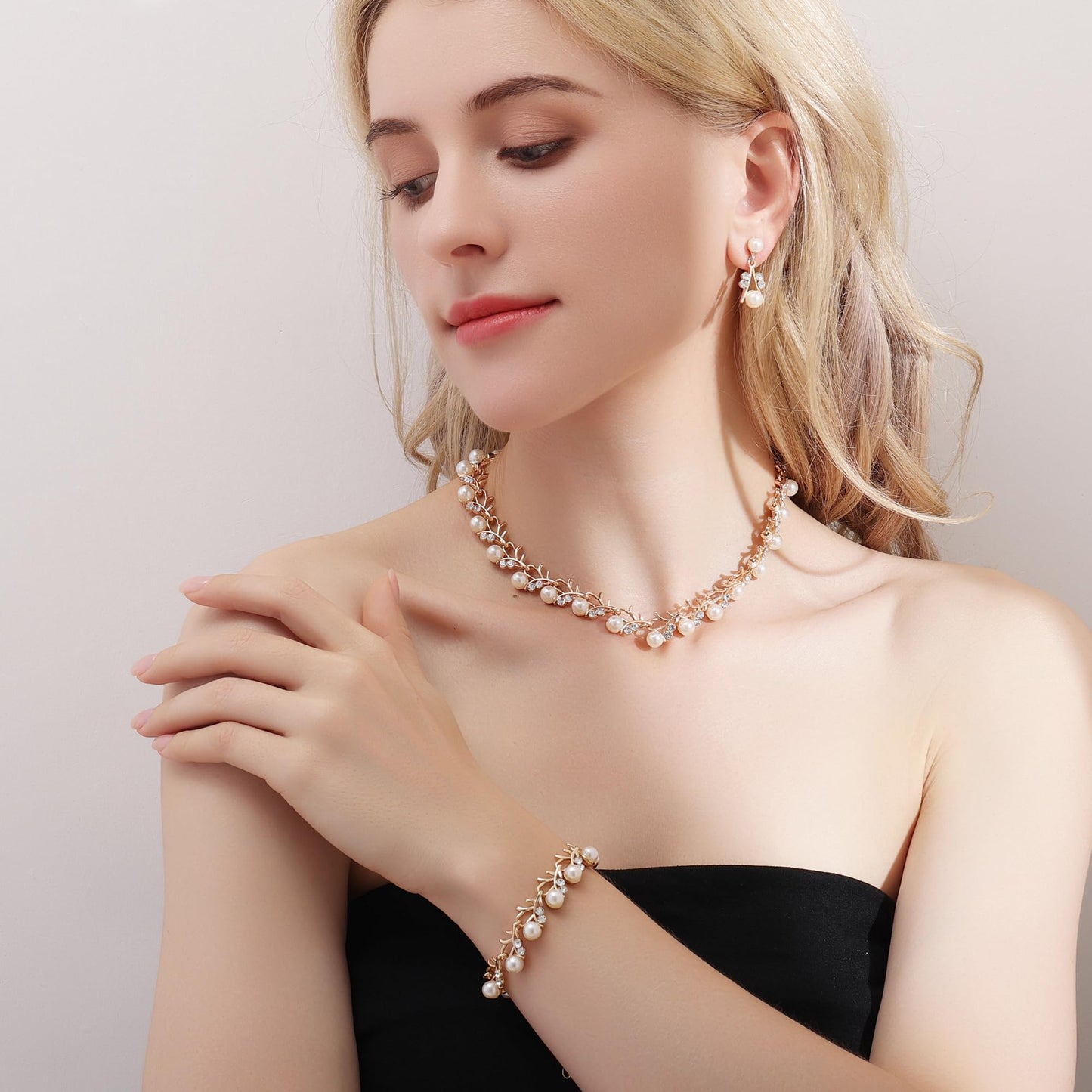 AILUOR Pearl Jewelry Set for Women, 14K Gold/Silver Plated Pearl Necklace, Earring Set and Choker - Wedding Bridal Gift (3pcs Gold)