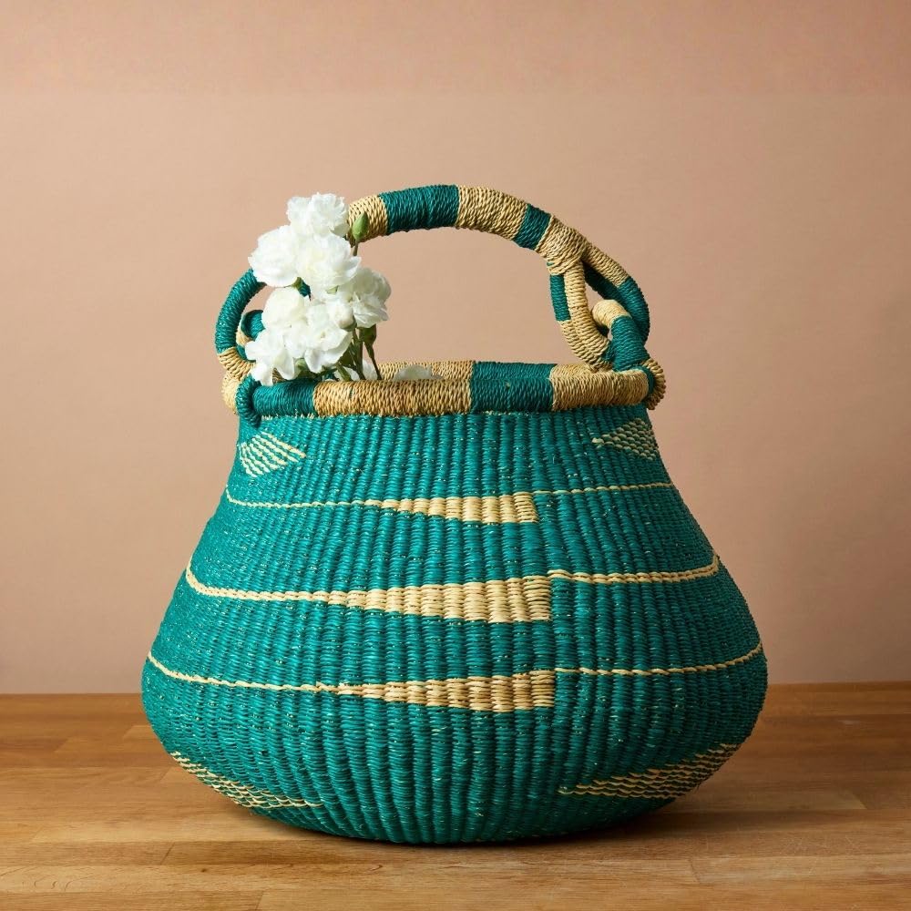 African Bolga Basket for Home Decor, Picnic, Garden Harvest and Storage, Woven Basket with Handle, Teal, 16 Inch Wide