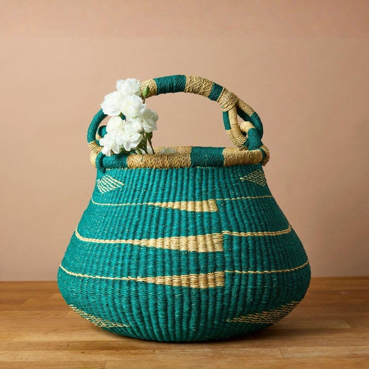 African Bolga Basket for Home Decor, Picnic, Garden Harvest and Storage, Woven Basket with Handle, Teal, 16 Inch Wide