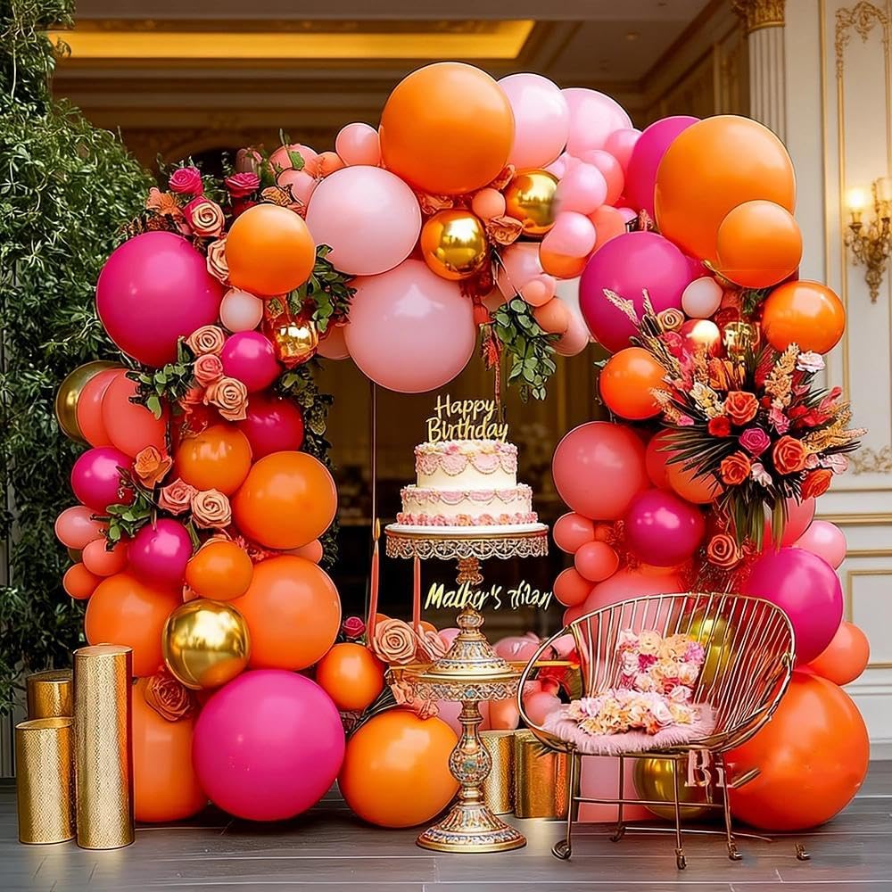 Pink Orange Balloon Garland Double Stuffed Hot Pink Orange Gold Metallic Pastel Balloon Arch Kit for Birthday Baby Bridal Shower Wedding Summer Tropical Graduation Party Decorations