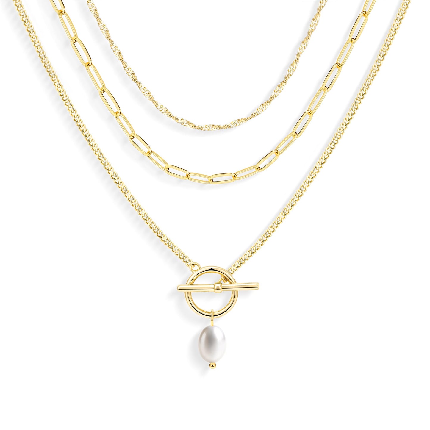 Layered Gold Pearl Pendant Toggle Necklaces for Women Dainty 14K Gold Plated Stack Trendy Choker Paperclip Necklace Simple Toggle Pearl Chain Twist Rope Chain Jewelry Set Gifts for Women