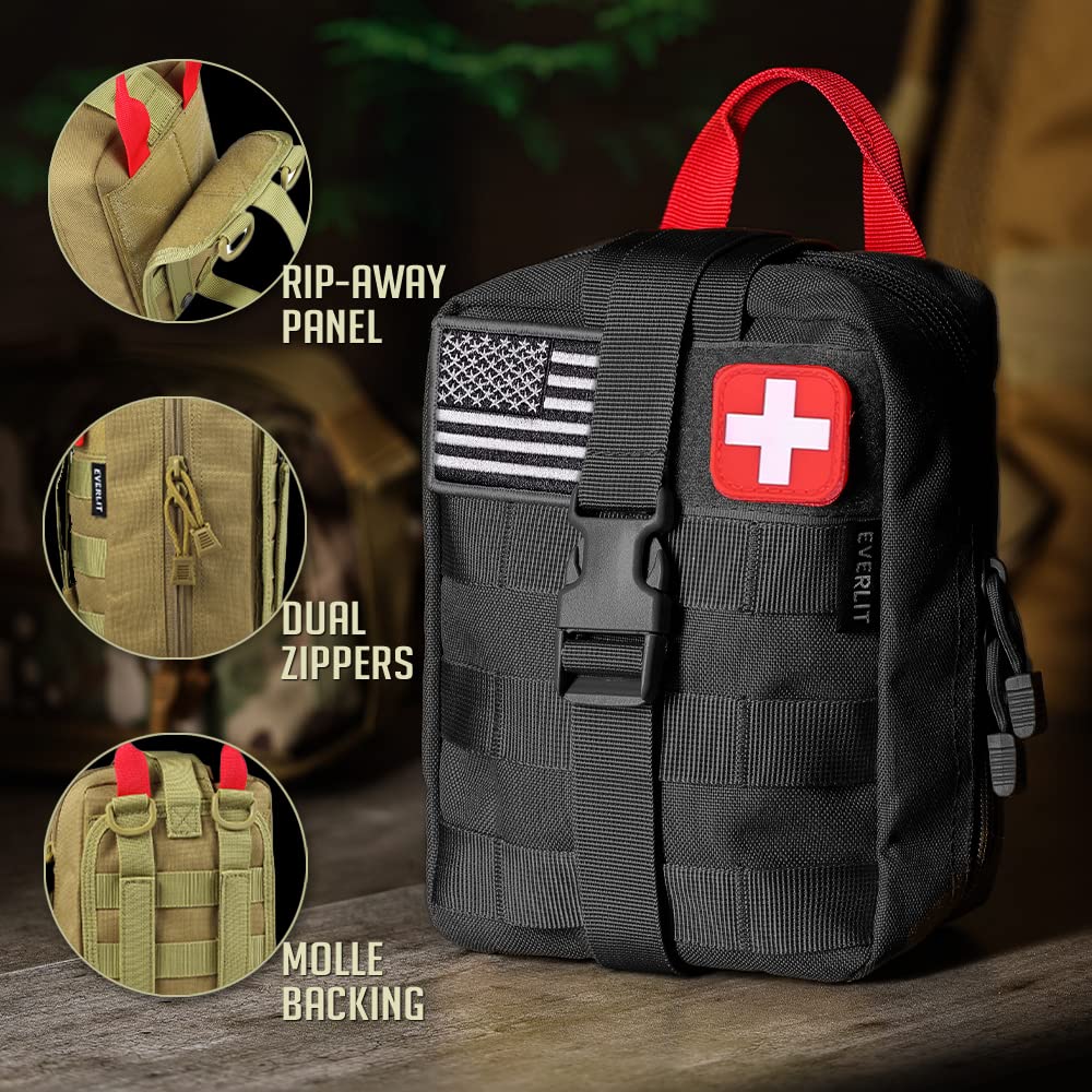 EVERLIT 250 Pieces Survival First Aid Kit IFAK EMT Molle Pouch Survival Kit Outdoor Gear Emergency Kits Trauma Bag for Camping Boat Hunting Hiking Home Car Earthquake and Adventures Od Green