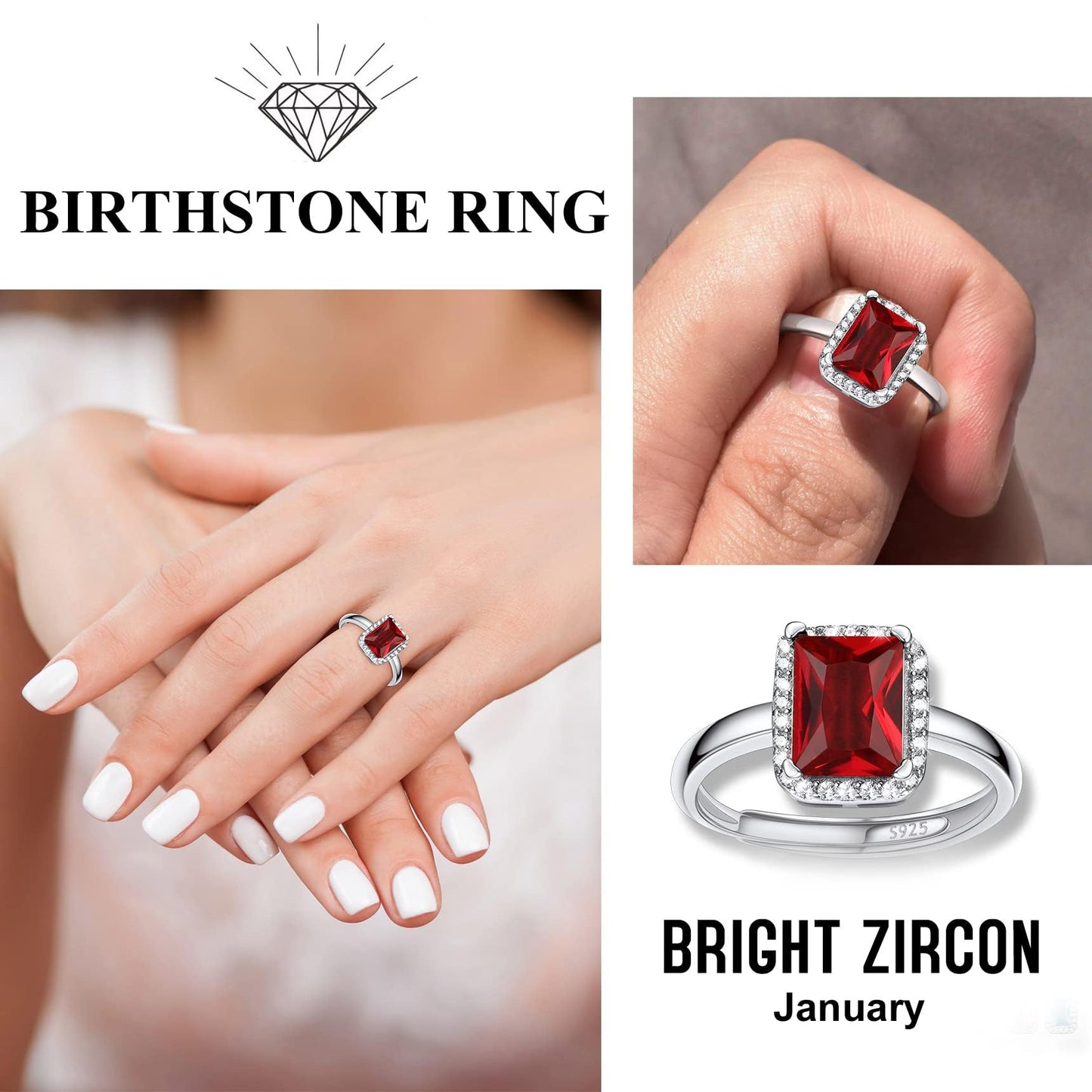 Bestyle 925 Sterling Silver Created Diamond Rings Square Crytsal Rings for Women, 8mm January Granet Birthstone Gemstone Rings Illuminated by 1mm White Cubic Zirconia