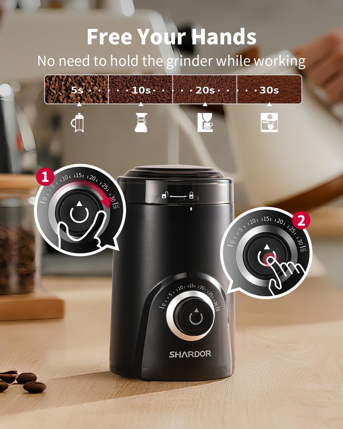 SHARDOR Electric Super Silent Blade Coffee Grinder, Timed Grind Control Rotary Knob, Adjustable Coarse to Fine for Coffee Beans, Spices & Herbs, Black