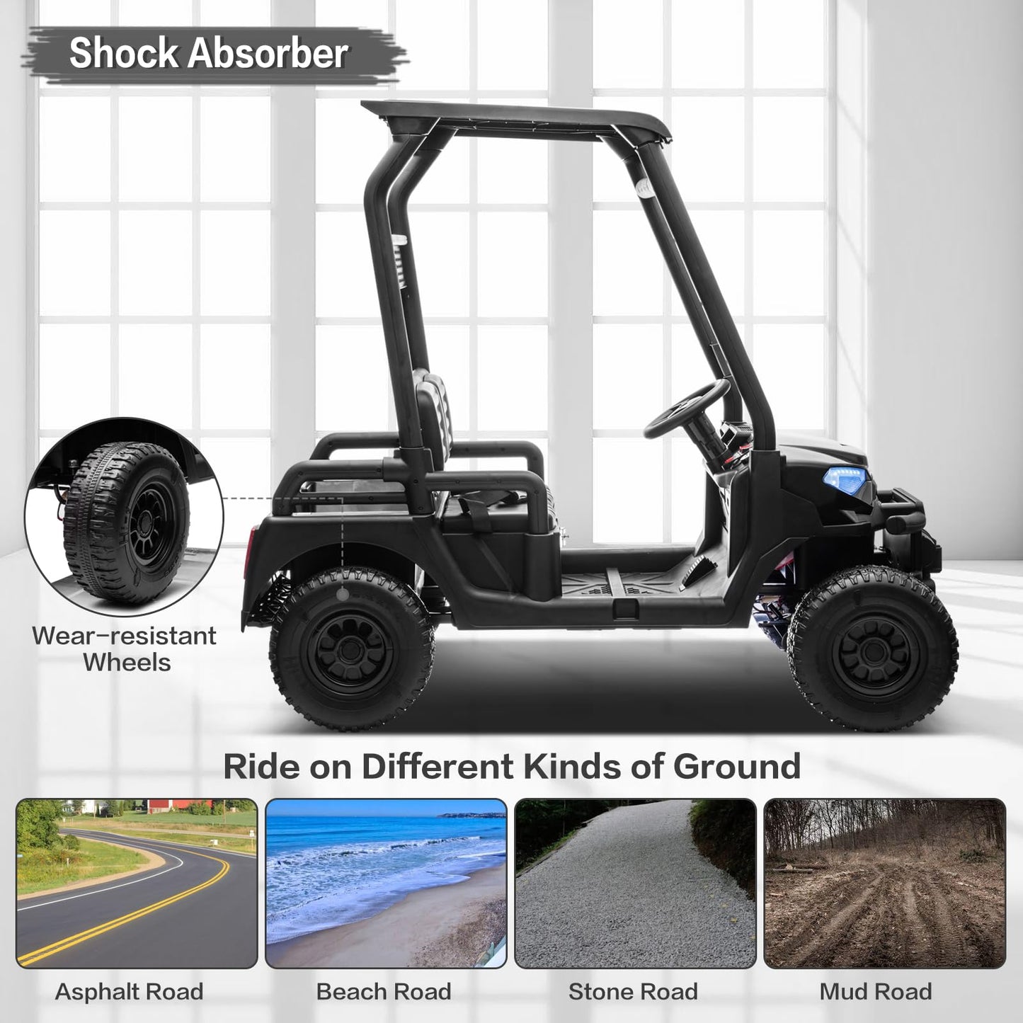 24V 2 Seater Kids Ride on Car, 4WD Golf Cart with Parent Remote Control, 4x4 Motors Ride on Truck with Roof, Toddler Electric Vehicle with Storage Box, Foot Pedal, Music Player, Lights, Horn, Black