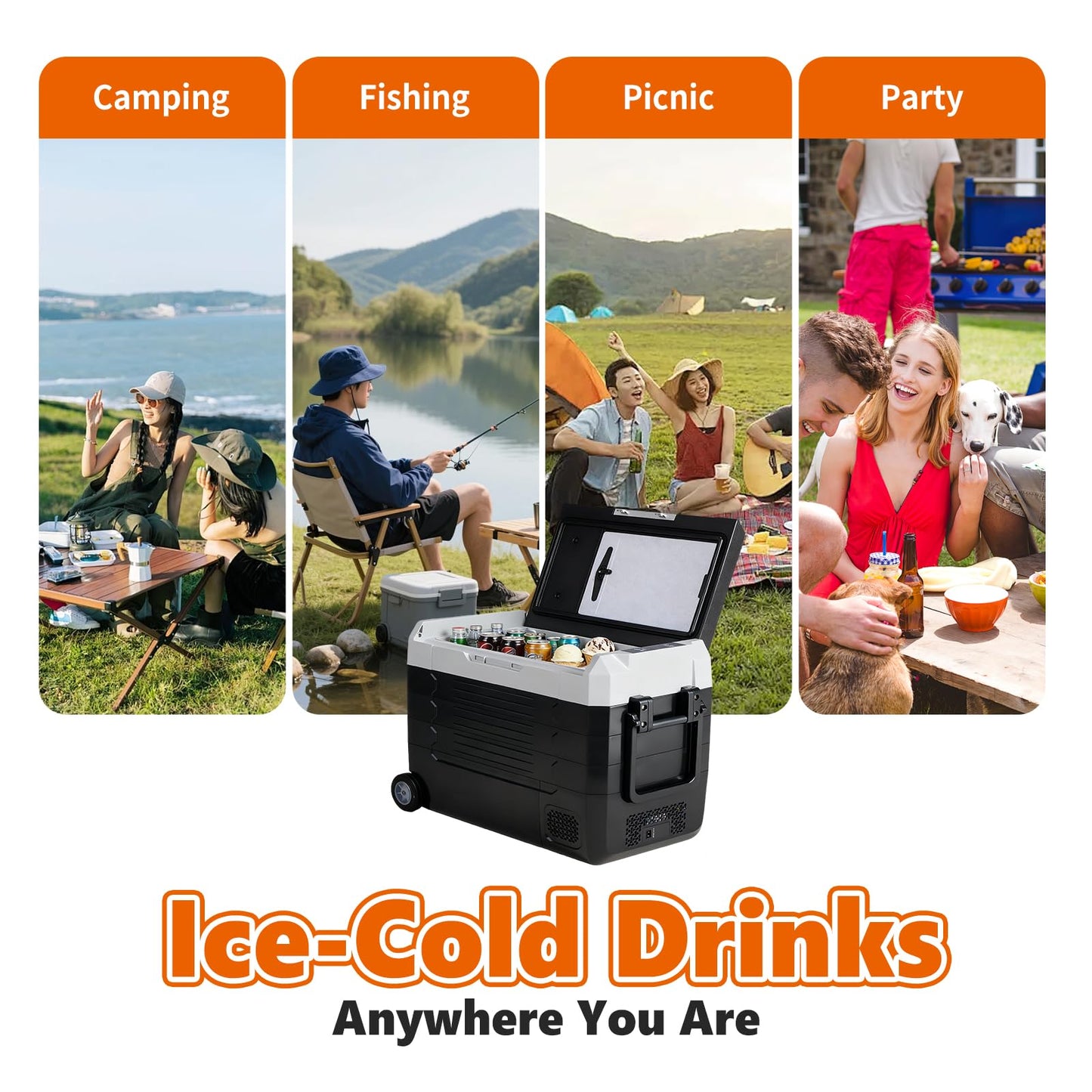 OLIXIS Portable Car Refrigerator, 53QT Dual-Zone Electric Cooler for Vehicles with Wheels & Cutting Board, -4℉-68℉ Freezer Smart Control via Bluetooth, Battery Protection, 12/24V DC & 100-240V AC