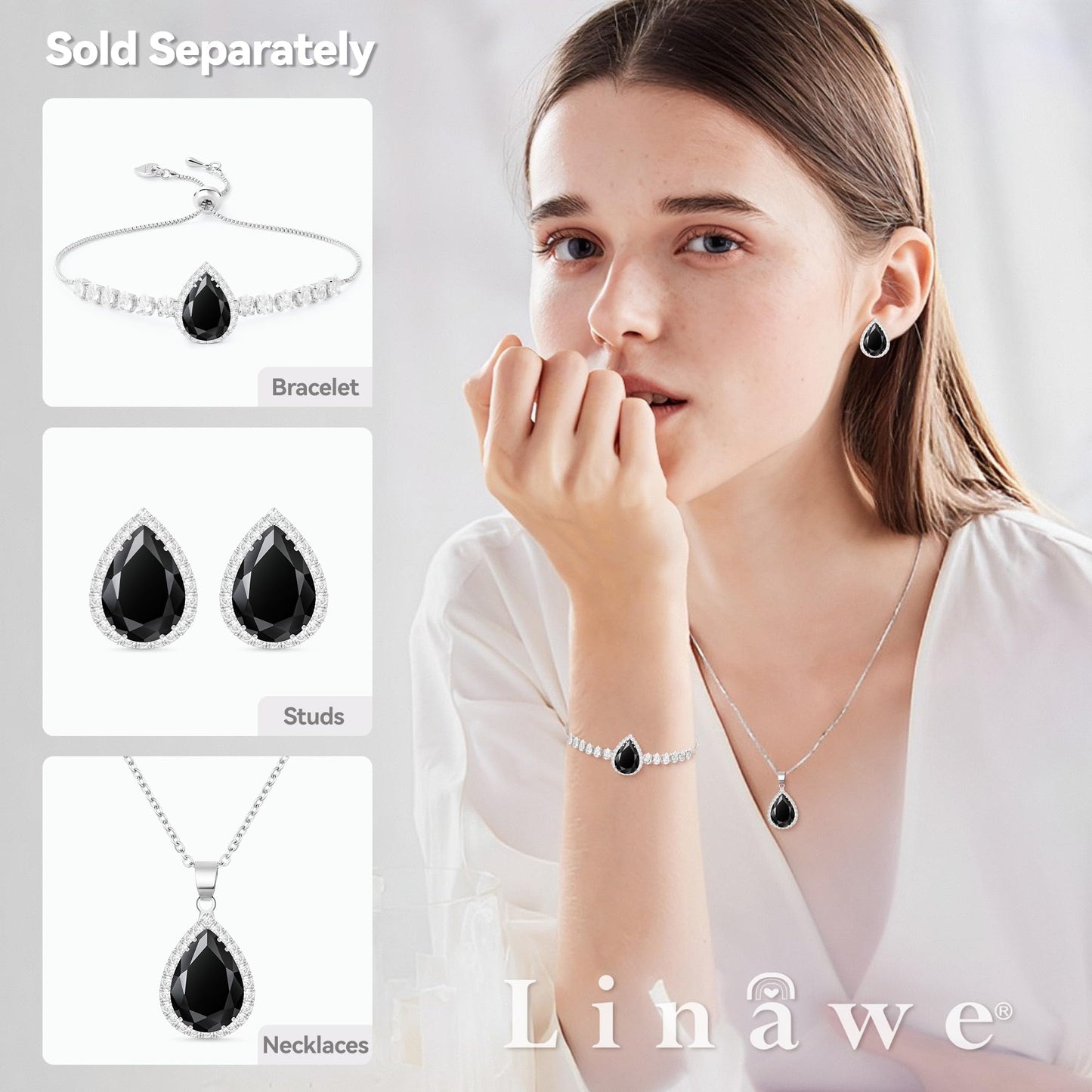 Linawe Black Silver Stud Earrings for Women, Imitation Diamond Cubic Zirconia Teardrop Rhinestone Crystal Earrings Studs, Cartilage Statement Unique Dainty Costume Jewelry Vintage