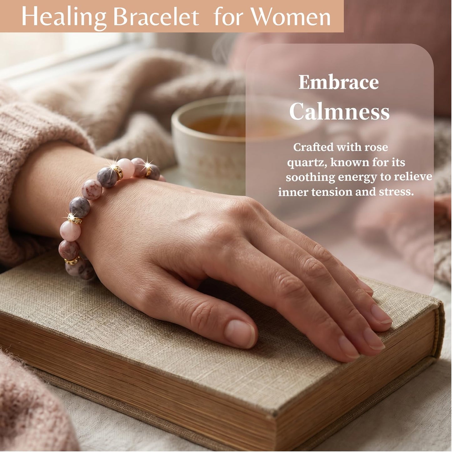 Healing Beaded Bracelet for Women - Rose Quartz & Chakra Crystal Anxiety Stress Relief Bead Bracelets, Calming Stretchy Yoga Meditation Daily Wear Healing Stones Bracelet, Stress Relief Gift for Her