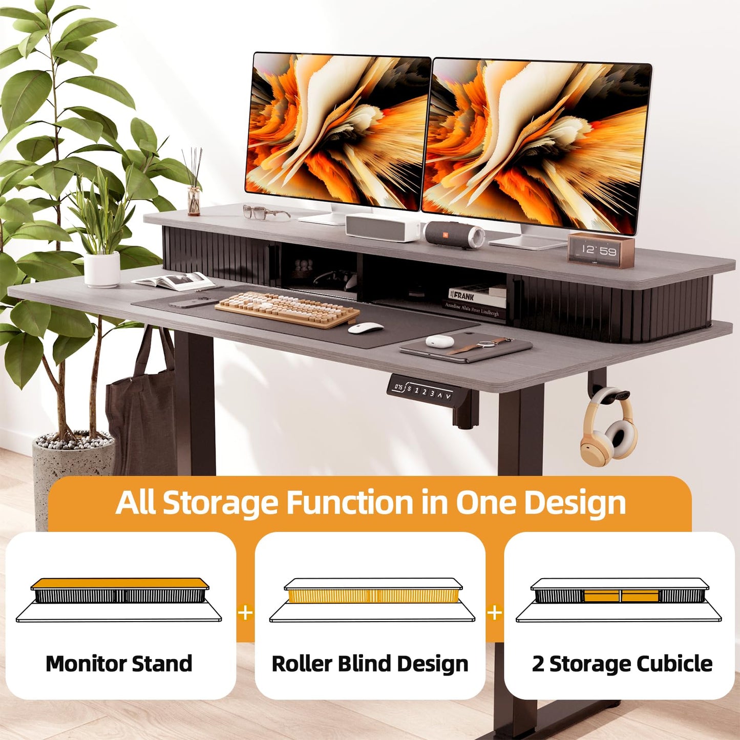 JOY worker Height Adjustable Electric Standing Desk with Storage Shelves, 48 Inch Table with Built-in Monitor Stand, Sit Stand Desk with 2 Hooks for Home Office, Grey Desktop & Black Frame