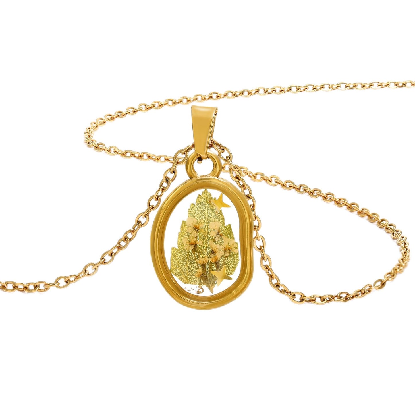 LETFLY Birth Flower Necklaces for Women, 18K Gold Plated Oval Shaped Handmade Floral Pendant, Pressed Flower Necklace Jewelry Gifts Balance