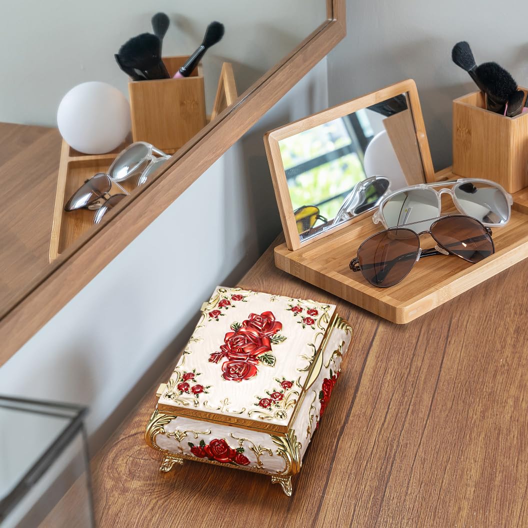 ELLDOO Vintage Music Box, Beige Metal Musical Jewelry Box Keepsake Box, Small Trinket Jewelry Storage Box Gift for Girl Women (Tune: You are My Sunshine), Red Rose Pattern