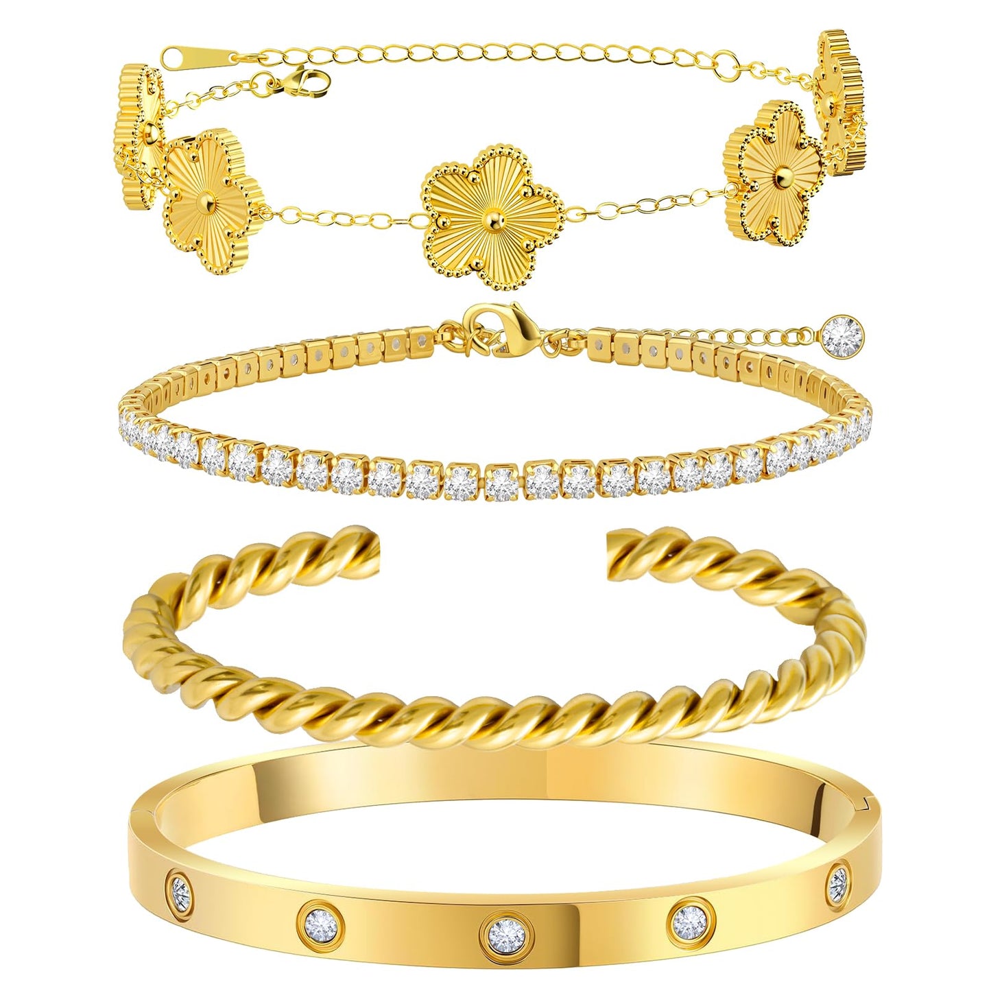 MOINSPIRE 18K Gold Plated Bracelets for Women, Stainless Steel Four Leaf Clover Tennis Nail Love Bangle Bracelets Set, Trendy Stackable Twist Cuff Bracelet Non Tarnish Jewelry Gifts for Christmas