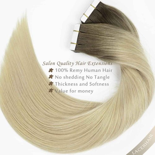Lacerhair Rooted Tape in Hair Extensions Human Hair Seamless Skin Weft Real Remy Invisible Natural Hair #8G/60A Double Sided Light Platinum Blond with Light Ash Brown Roots 22" 50g
