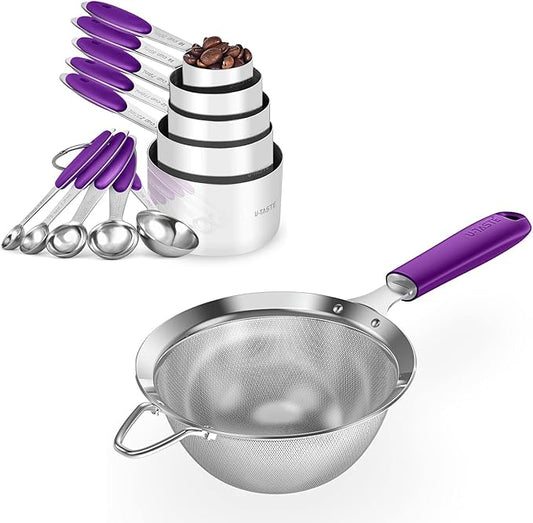 U-Taste 10 Piece Measuring Cups and Spoons Set in 18/8 Stainless Steel, and 18/8 Stainless Steel 5.5 inch 30 Mesh Strainer (Purple)