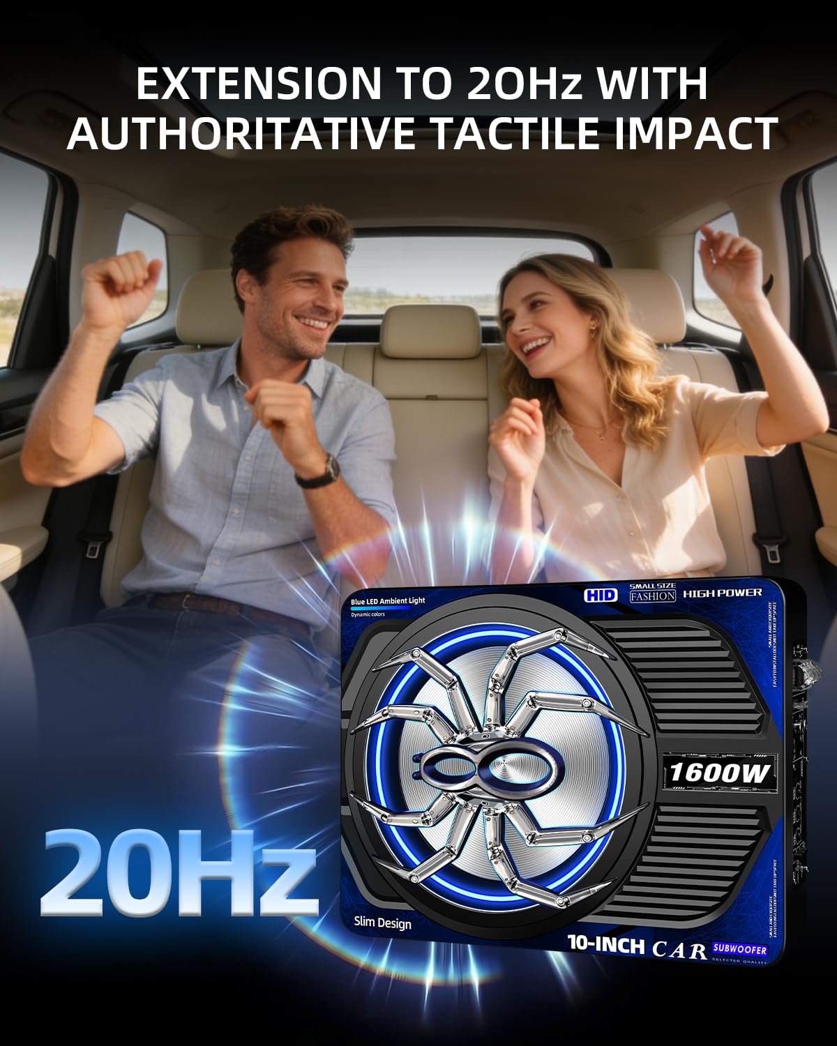 SUBPULSIX 1600W Slim Underseat Car Subwoofer and Amp Package, Powered Subwoofer Car Audio with Built-in Class D Amplifier, Subsonic Deep Bass, Cast Aluminum, LED Ambient Light Switch,for Truck SUV Car