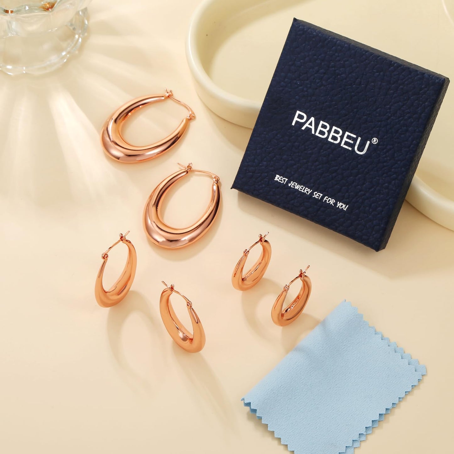 PABBEU Chunky Rose Gold Hoop Earrings for Women, Lightweight 14k Golden Plated Hoops Earrings, Hypoallergenic 925 Oval Rose Golds Hoops Earrings, Thick Gold Hoop Earrings for Women Gifts (38mm)