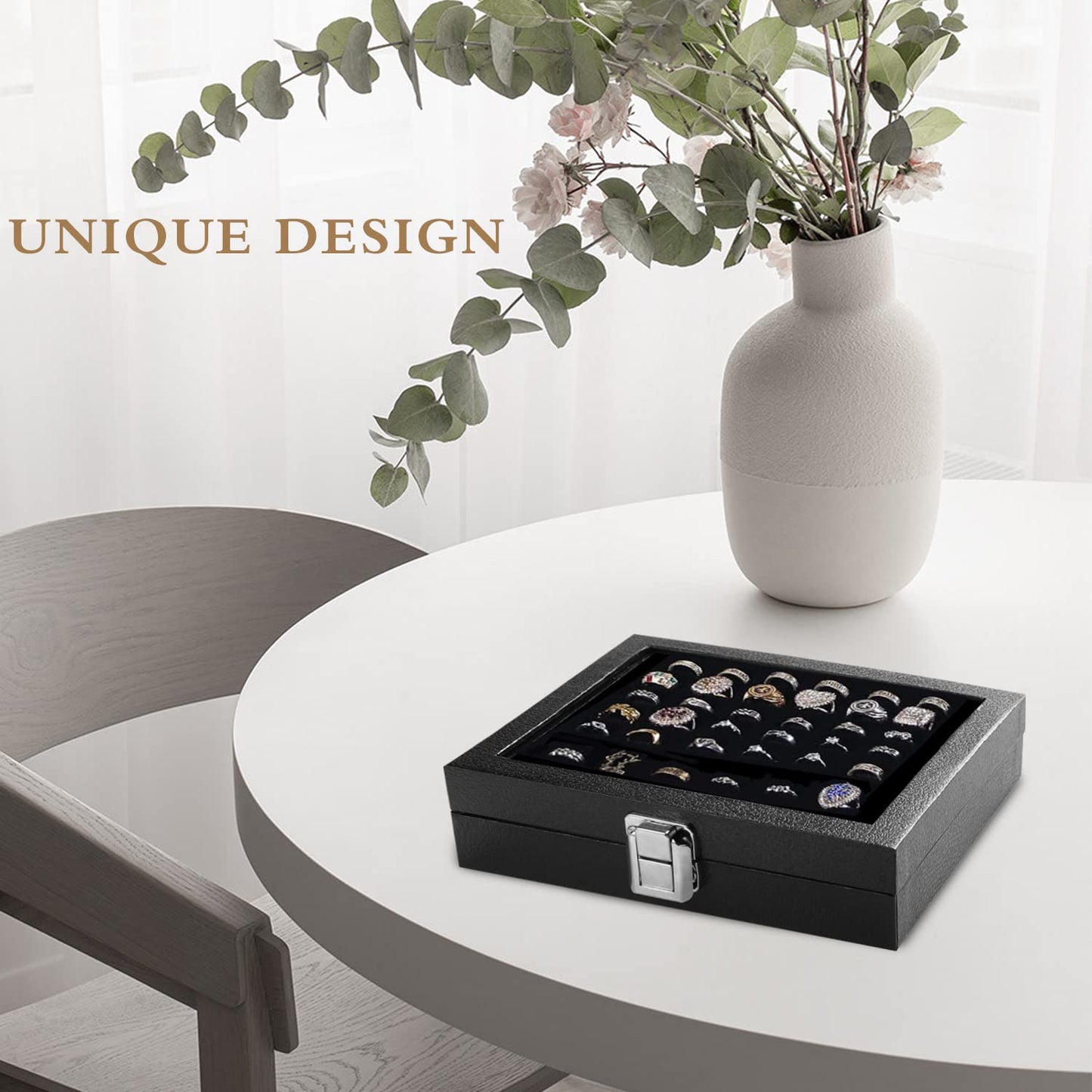 Ring Jewelry Organizer Box, 36 Slots Rings Display Storage Case Earring Showcase - Black Velvet Jewelry Stand Holder Tray with Transparent Glass Lid - Ideal Gift for Women Girl