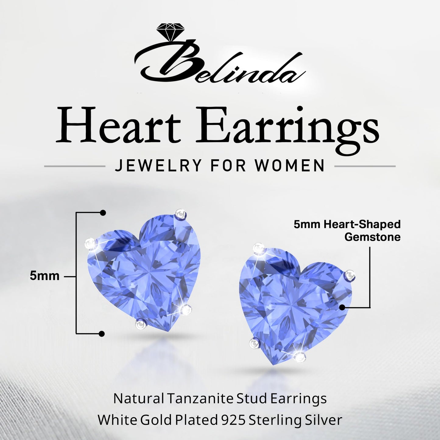 Belinda Jewelz - Heart Stud Earrings, 5mm Cubic Zirconia Heart Earrings with Prong Setting, 925 Sterling Silver Earrings Studs, Tanzanite Stud Earrings for Women