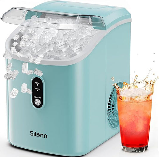 Nugget Ice Maker Countertop, Silonn Chewable Pellet Ice Machine with Self Cleaning Function, Pebble Portable Ice Maker with Ice Scoop for Home Kitchen Office, Green