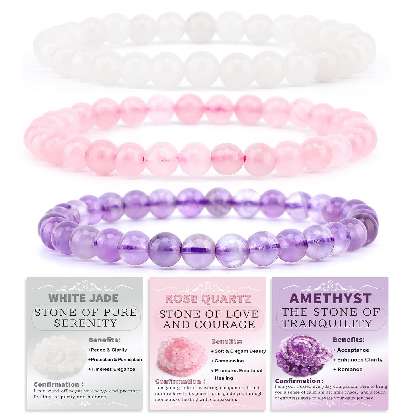 CMBYN 3-Pieces 6mm Natural Crystal Gemstone – ﻿Amethyst, Pink Quartz, White Jade Handmade Reiki Energy Healing Stretch Bracelets Jewelry for Yoga, Meditation, Unisex