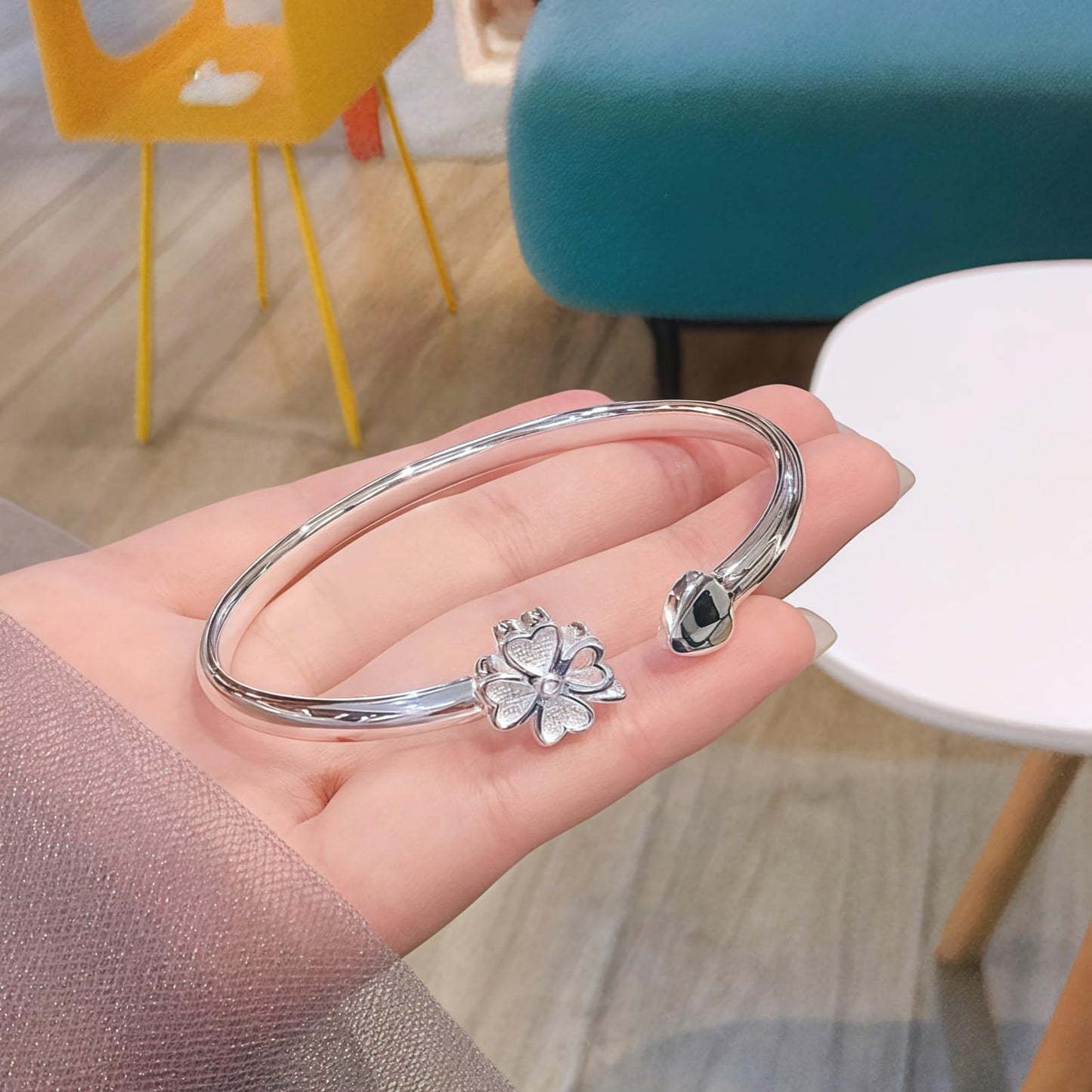 Handmade 925 Sterling Silver Bangle Bracelets For Women Lucky Cuff Bracelets Open Adjustable Love Friendship Bracelets Women Jewelry Gift for Christmas & Birthday Stackable Cute Fashion Bangles