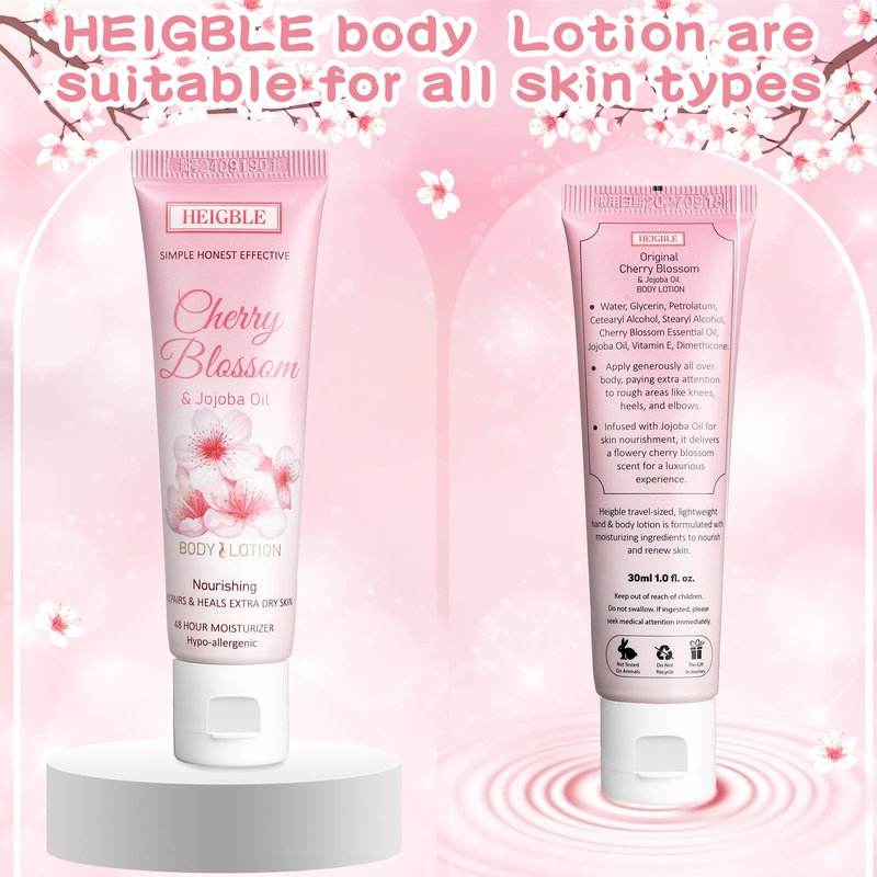 Heigble 50 Pack Travel Size Body Lotion 1 oz Body Lotion Dry Skin Moisturizer with Flip Cap for Extra Dry Skin, Hotels, Airlines, Offices, Gyms(Cherry Blossom and Jojoba Oil)