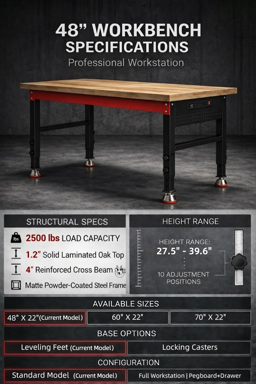 VekMax 48" Heavy Duty Workbench, 2500 LBS Load Capacity Work Bench with 1.2" Laminated Oak Wood Top & Reinforced Steel Frame, Adjustable Height Work Table for Garage, Workshop, Office, Home (Feet)