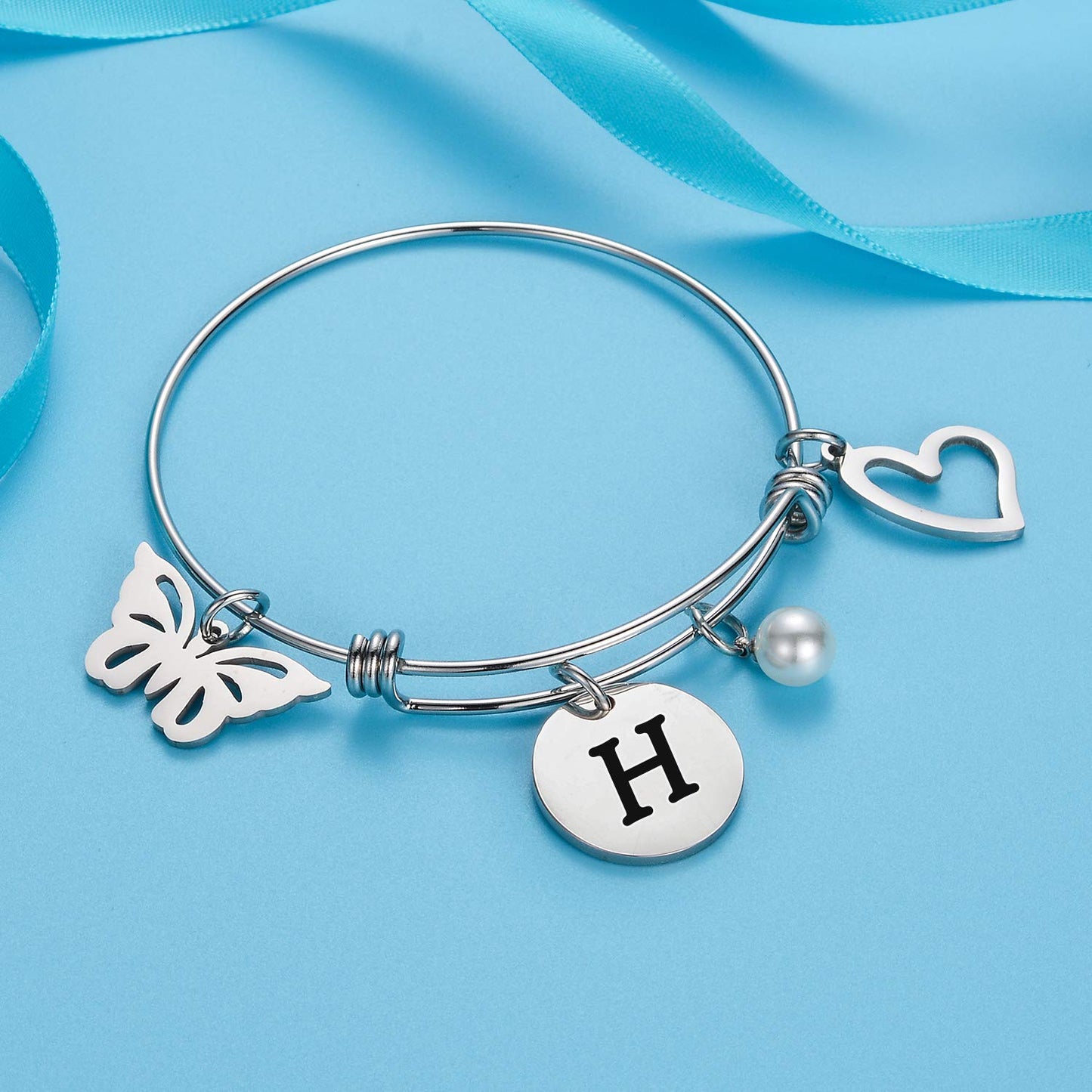 malyunin Initial Bracelet Charm Bracelets Heart Butterfly 26 Letters Alphabet Bracelet for Women Letter Bracelet Personalized Jewelry (H)