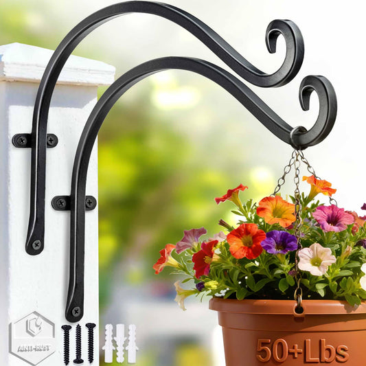 AJART Heavy-Duty Plant Hanger Outdoor - Can Hold 50 Lbs Plant Basket or Large Bird Feeder - 12 Inch Solid Iron Windproof, Rustproof Wall Hooks - with Triangular Stability - 2 Pieces