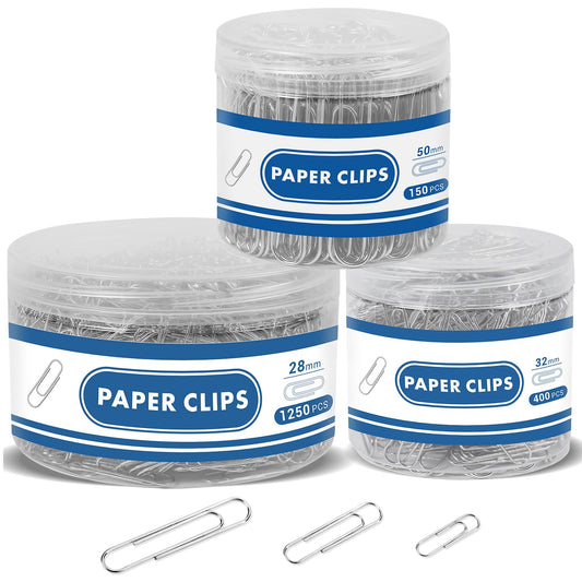 1800 Paper Clips Assorted Sizes Large, Medium and Small, Durable and Rustproof, Paperclips for Office School and Personal Use, Office Supplies Document Organizing (50mm, 33mm, 28mm) (Silver)
