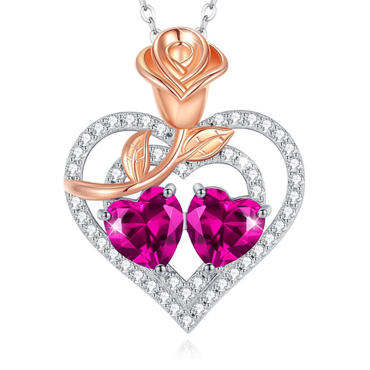 AGVANA October Birthstone Jewelry Pink Tourmaline Necklace Sterling Silver Rose Flower Heart Double Birthstone Pendant Necklace Anniversary Birthday Gifts for Women Mom Wife Her