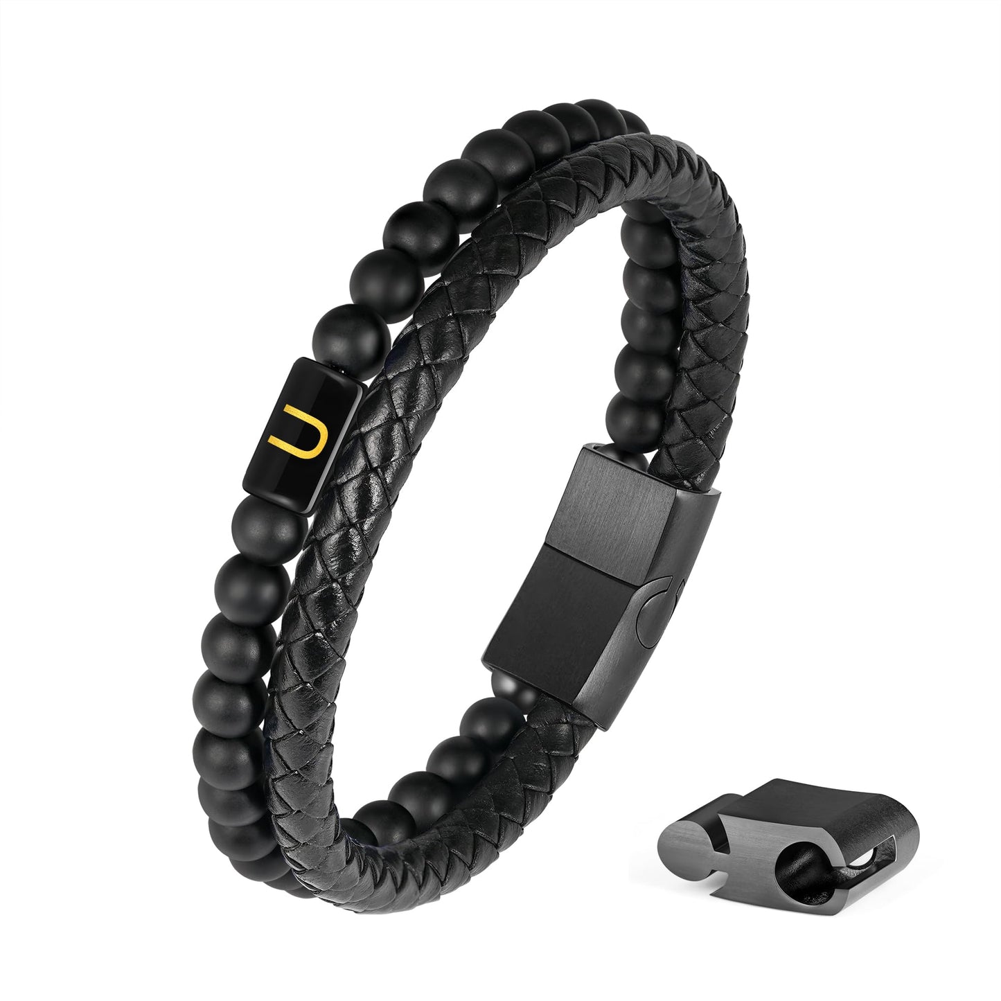 Bracelets for Men - Men Gifts Matte Agate Bead Magnetic Clasp Black Mens Leather Bracelet with Initial Black Mens Leather Bracelets Initial U Bracelet for Men's Jewelry Men's Gifts for Dad Husband Him