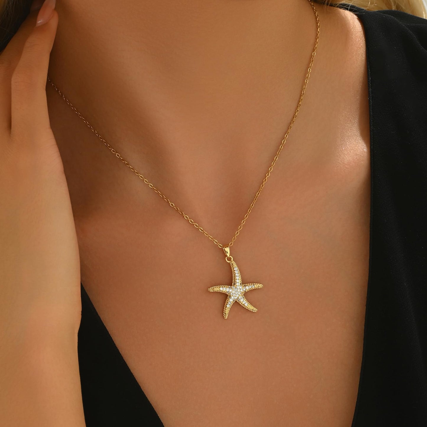 NONAMOIS 18K Gold Plated Dainty CZ Starfish Pendant Necklace for Women Stainless Steel Simple Gold Charm Choker Necklace Trendy Ocean Summer Beach Jewelry