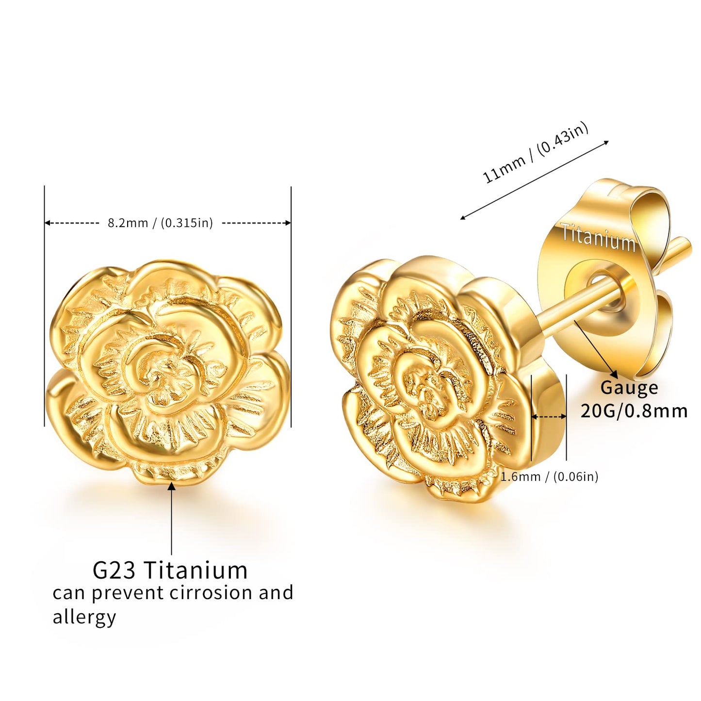 VOJO Implant Grade G23 Titanium Stud Earrings for Sensitive Ears Post Pierced Cartilage Lobe Earring Stud for Women (Gold ROSE)