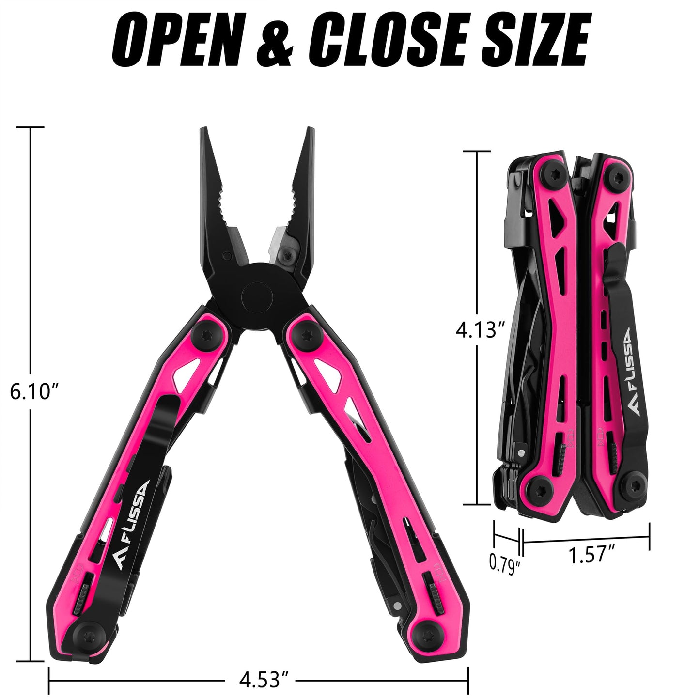 FLISSA 16-in-1 Pink Multi Tool Pliers, Gifts for Mom Women, Stainless Steel EDC Multitool with Pocket Knife, Belt Clip and Oxford Pouch, for Camping Survival Outdoor Activities