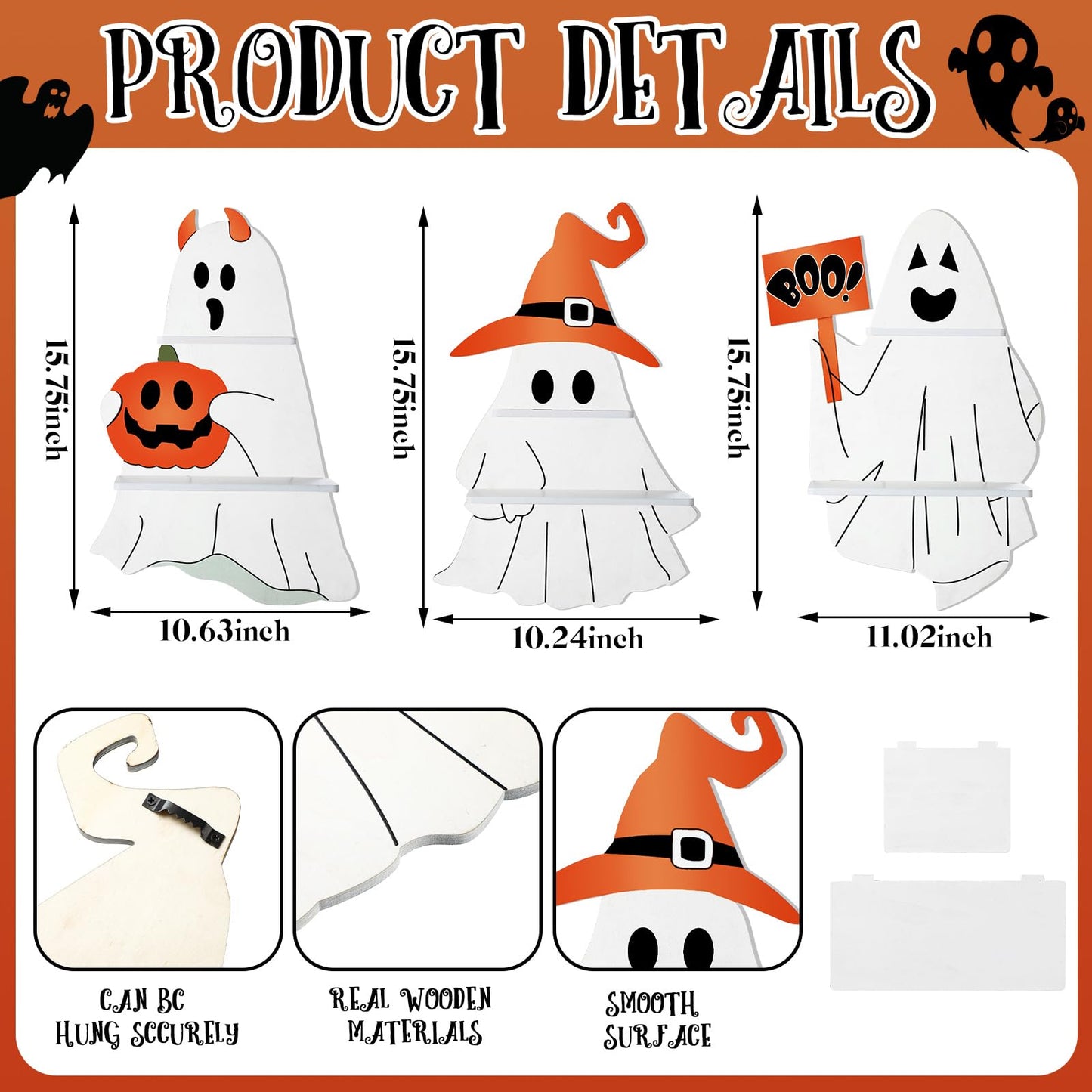 Lineshading 3 Pcs Halloween Ghost Wall Shelves Wall Decor Hanging Sign with Shelf Bathroom Shelves Aesthetic Crystal Shelf Ghost Decor for Bedroom Livingroom Party Decoration