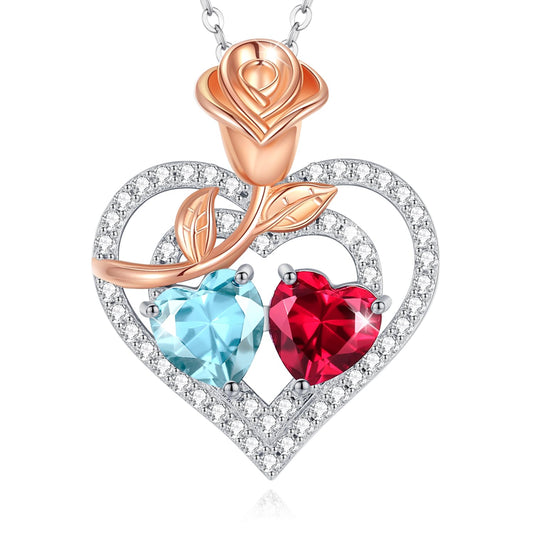 AGVANA March July Birthstone Jewelry Aquamarine Ruby Necklace Sterling Silver Rose Flower Heart Double Birthstone Pendant Necklace Anniversary Birthday Gifts for Women Mom Wife Lady Her