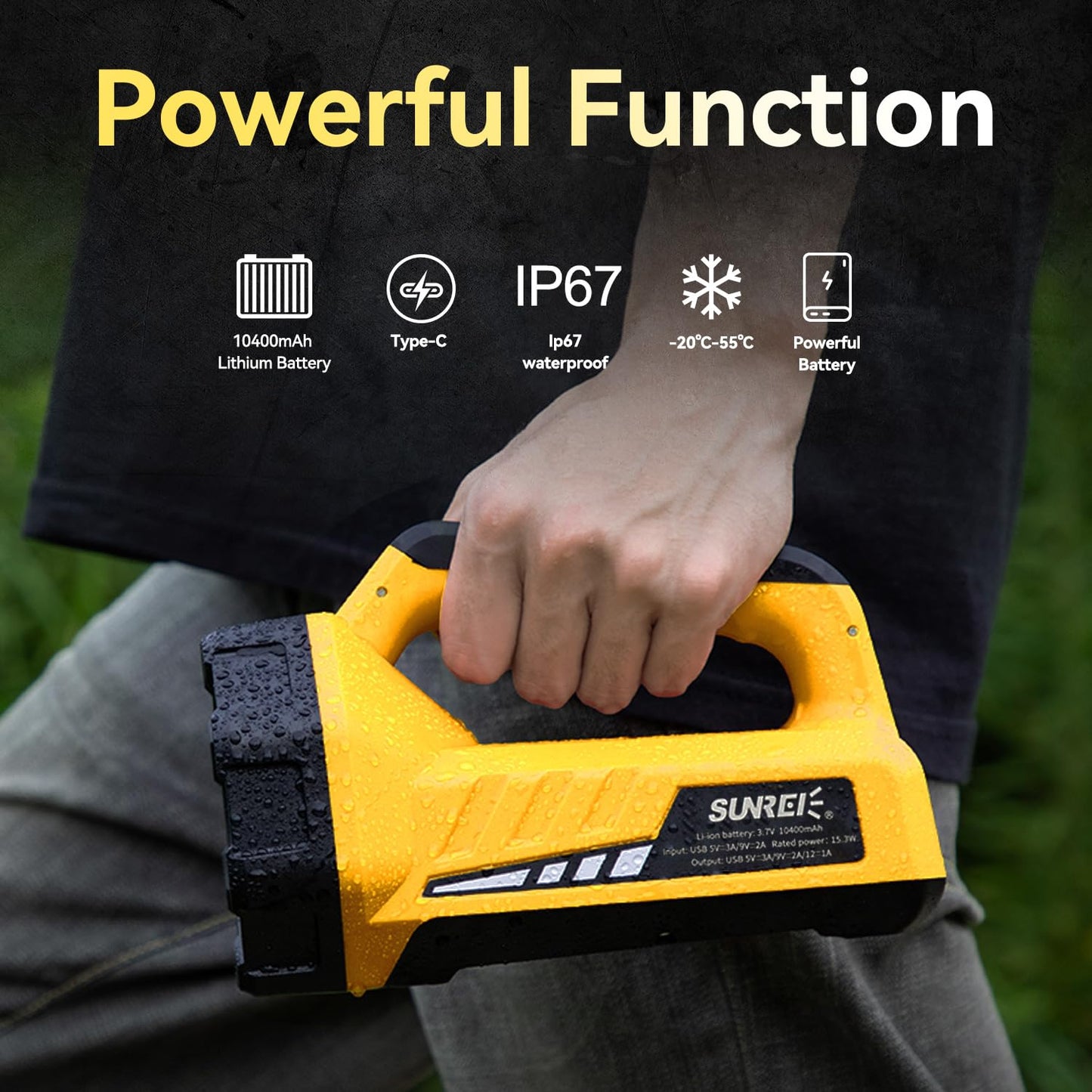 SUNREI Rechargeable LED 1500LM Box Flashlight, 8 Light Modes Portable Camping Lantern, 10400mAh Power Bank, IP67 Waterproof for Emergencies Power Outages, Hurricane Emergency, Hiking, Home, etc