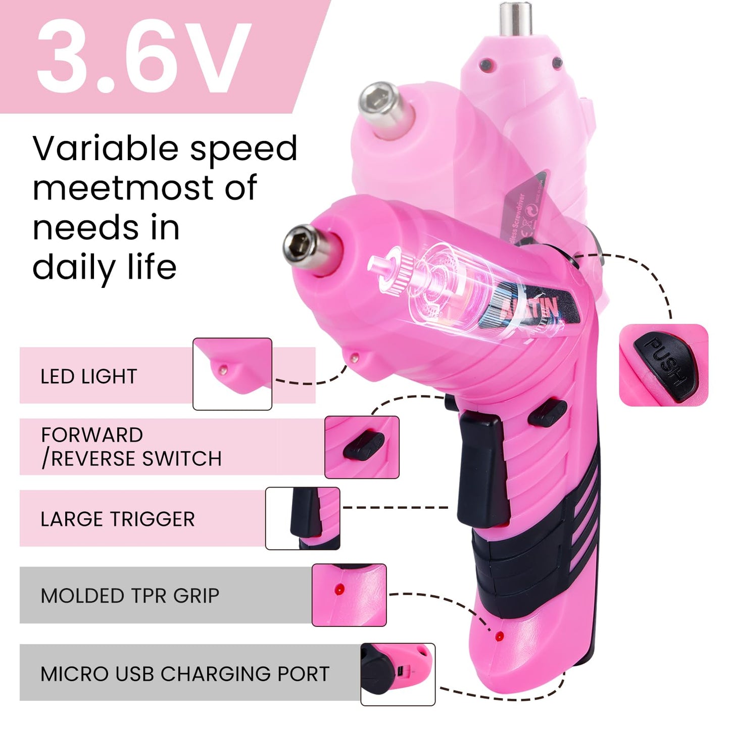 ALATIN Pink Tool Set for Women, 136 PCS Household Tool Kit with 3.6V USB Electric Screwdriver, Cordless Lithium-ion Drill Driver, Home Improvement Hand Tools for DIY Projects