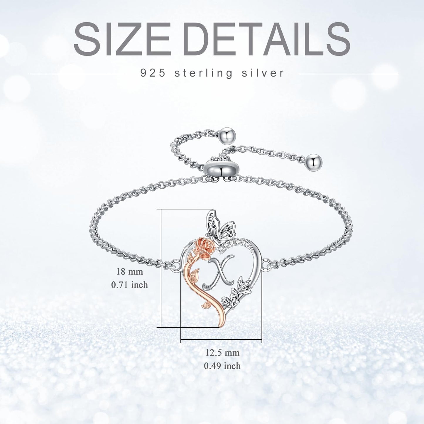 TOUPOP Rose Heart Bracelet for Women Sterling Silver Heart Initial X Letter Bracelet Butterfly Love Jewelry Anniversary Birthday Mothers Day Gifts for Mom Wife Her Girlfriend