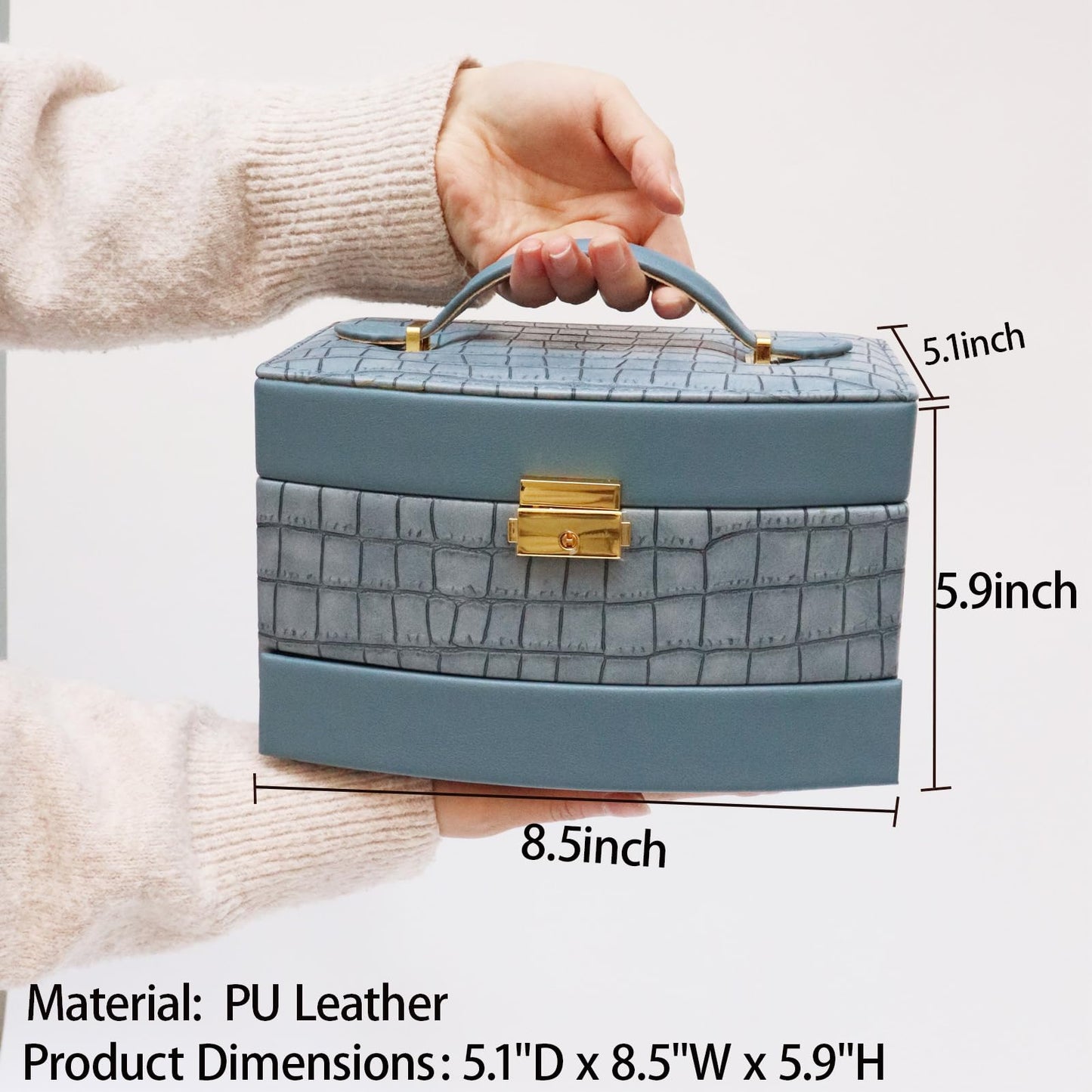 Hmsnyysl Elegant 3 Layer Lockable Jewelry Box for Women – Mirrored Jewelry Organizer with Key & Drawer, Travel Friendly PU Leather Storage Case,Gift for Wife, Mom, Daughter(Blue)