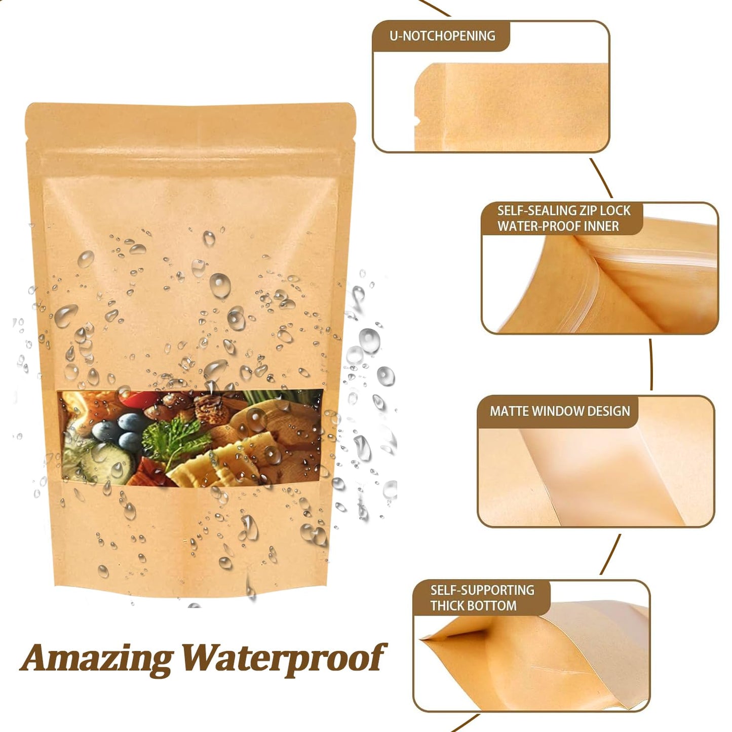 Kraft Paper Bags with Window 100 Pack - Resealable Food Grade Brown Pouches, 5.5x7.9 Inch Eco-Friendly Stand Up Packaging Bags for Coffee, Bakeries, Retail Displays & Small Business Storage