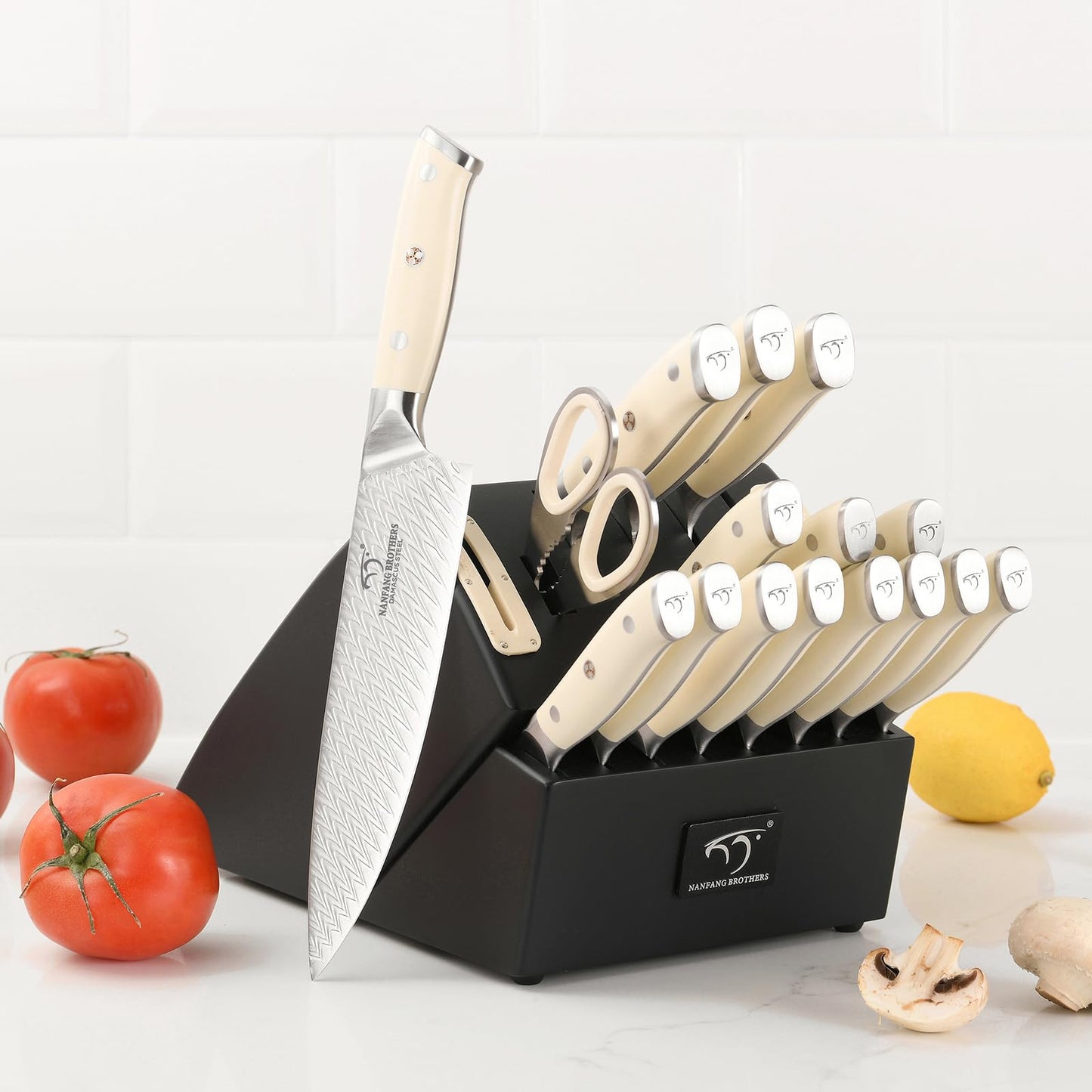 NANFANG BROTHERS Knife Sets Pieces for Kitchen with Block, Damascus Kitchen Knife Set with Block, ABS Ergonomic Handle for Chef Knife Set and Kitchen Shear(Black)